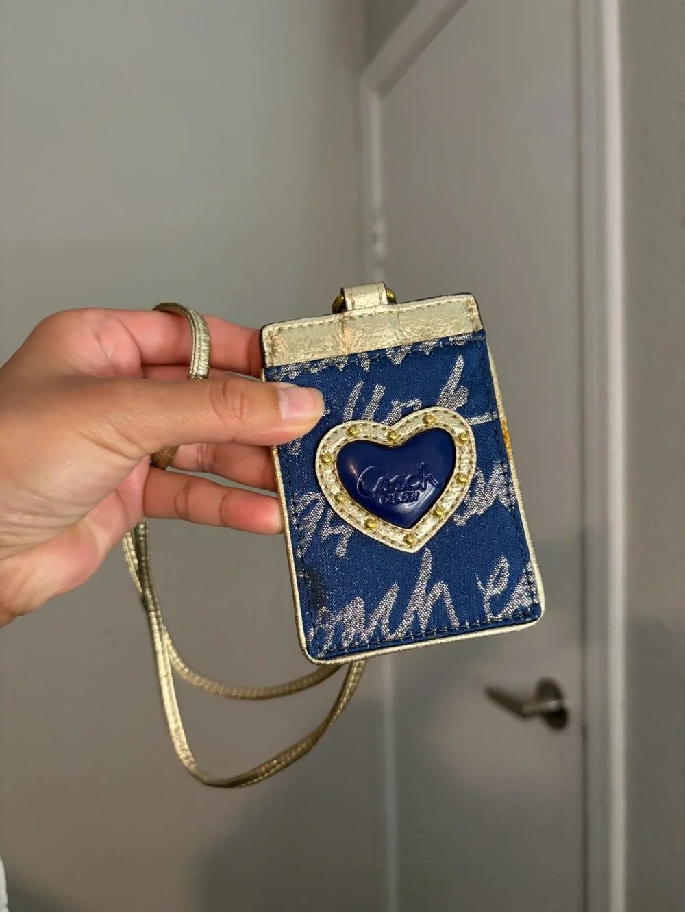 Coach Poppy Heart ID Lanyard Blue and Gold